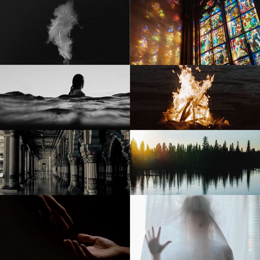 A photo collage with eight images. A standing person walking through a haze of white smoke; stained glass windows reflecting sunlight; a grayscale photo of a person with long hair in water; a bonfire on the beach; intricate hallway with pillars; a shoreline reflecting the image of trees; two hands reaching for each other; a person behind a white sheet trying to push through.
