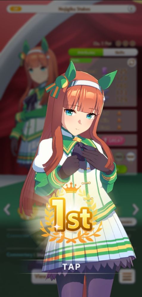 Umamusume character Silence Suzuku, an anime styled horse girl with red hair, wearing a green and white dress. 