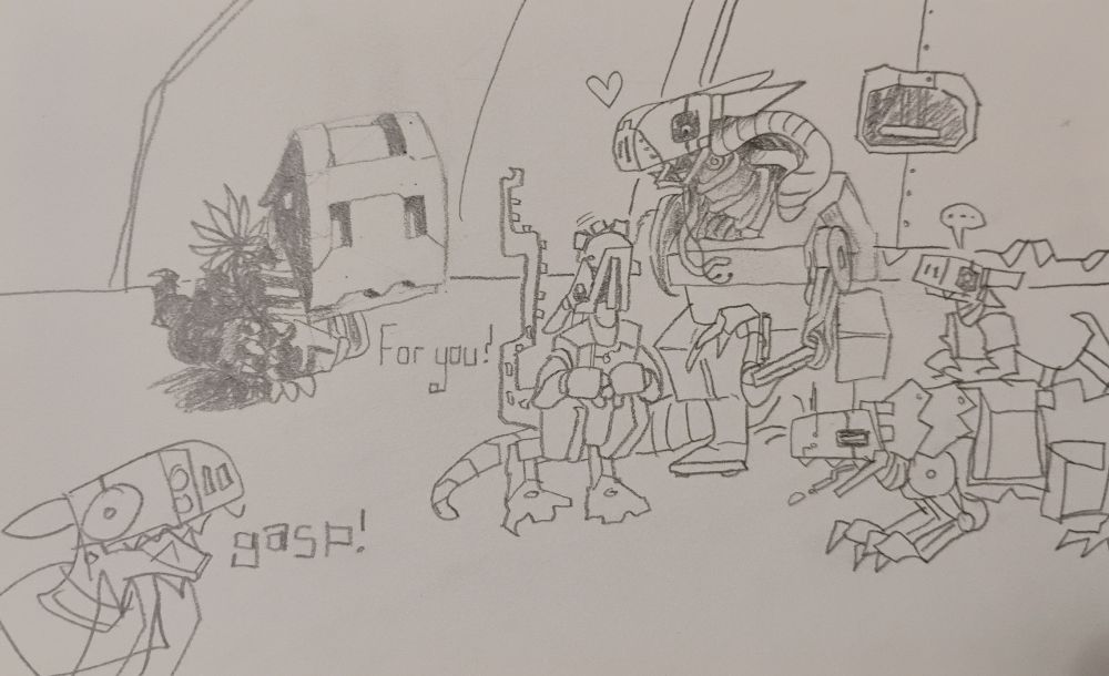 a series of lovely robot dragons of many shapes and sizes, all in a chaotic mess. one is a very rendered and shaded drawing of a creature whose nose is pointed toward the camera and they hold up a flower for you. another is a tall unit with a clawed arm and a cheerful face, who is petting a unit with a really long tail. another one stands in silence beside them, as a four-legged robot crawls by and hacks up a fireball. on the bottom left is a poorly drawn robot dragon who I drew with my non dominant hand with my eyes closed. hiding in the background is a gigantic robot dragon, who almost looks like a corridor if you weren't paying attention.