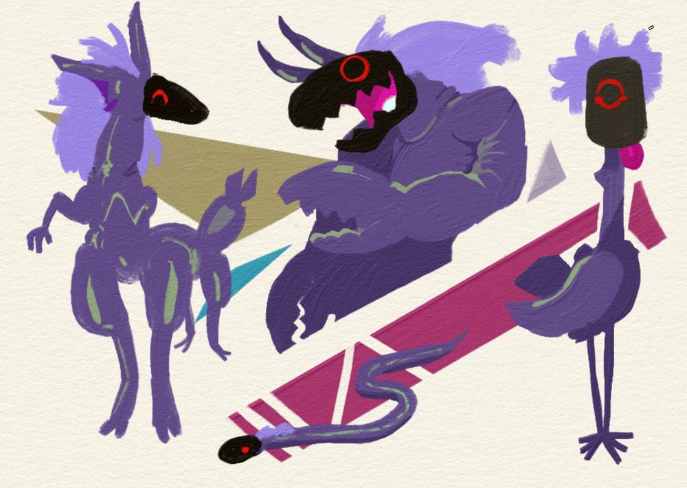 Init, shapeshifting into various silly shapes, such as a strange buglike taurlike fluffy beast with scrawny arms, a tough crab clawed beast with massive horns, a tall bird and a tiny snake.