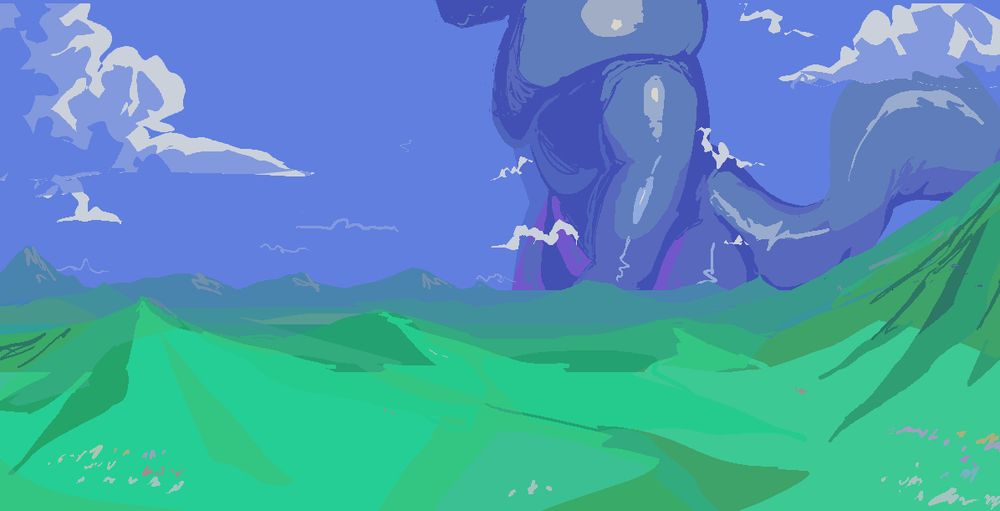 A mountainous landscape dotted with soft, puffy clouds.
In the distance is an incredible wereguar, one of a near incomprehensible size. You can't see its face, and it's so far in the distance that it's colored by the hue of the sky. The lower half of its body disappears over the horizon.