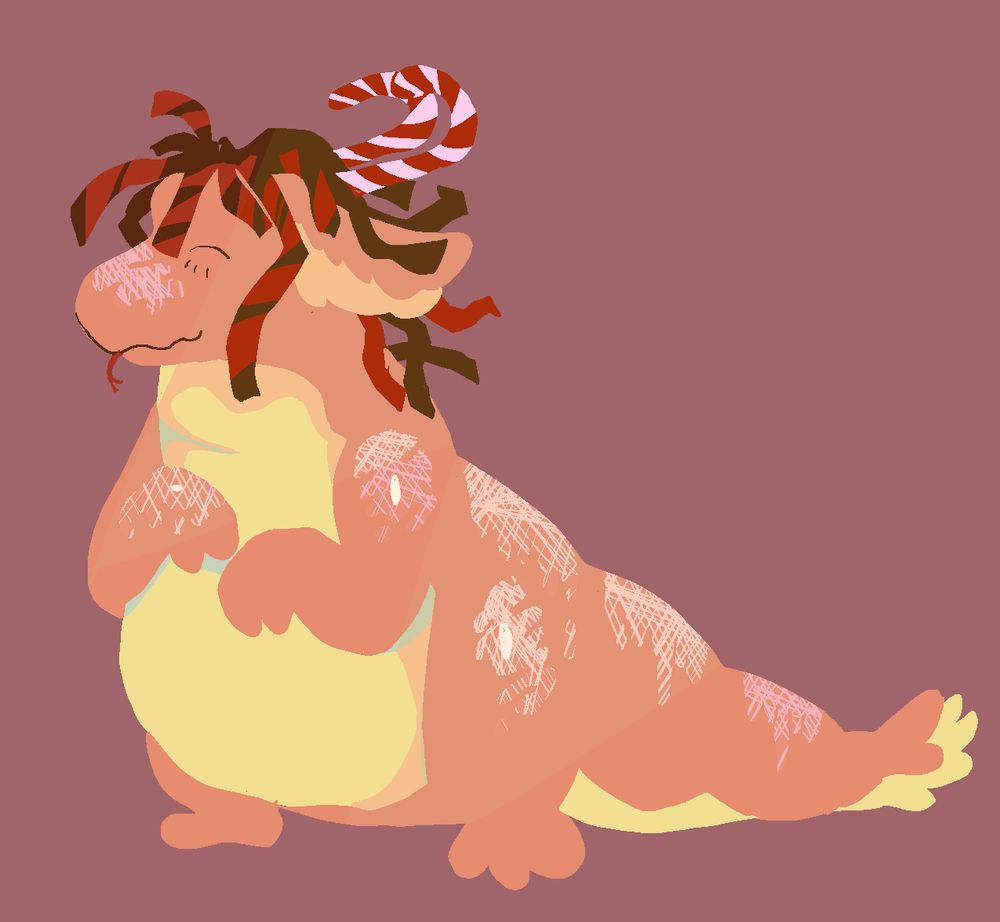 a gorgeous candy dragon, with hair of licorice and horns of peppermind, and a body like a loaf of buttery, fluffy bread
