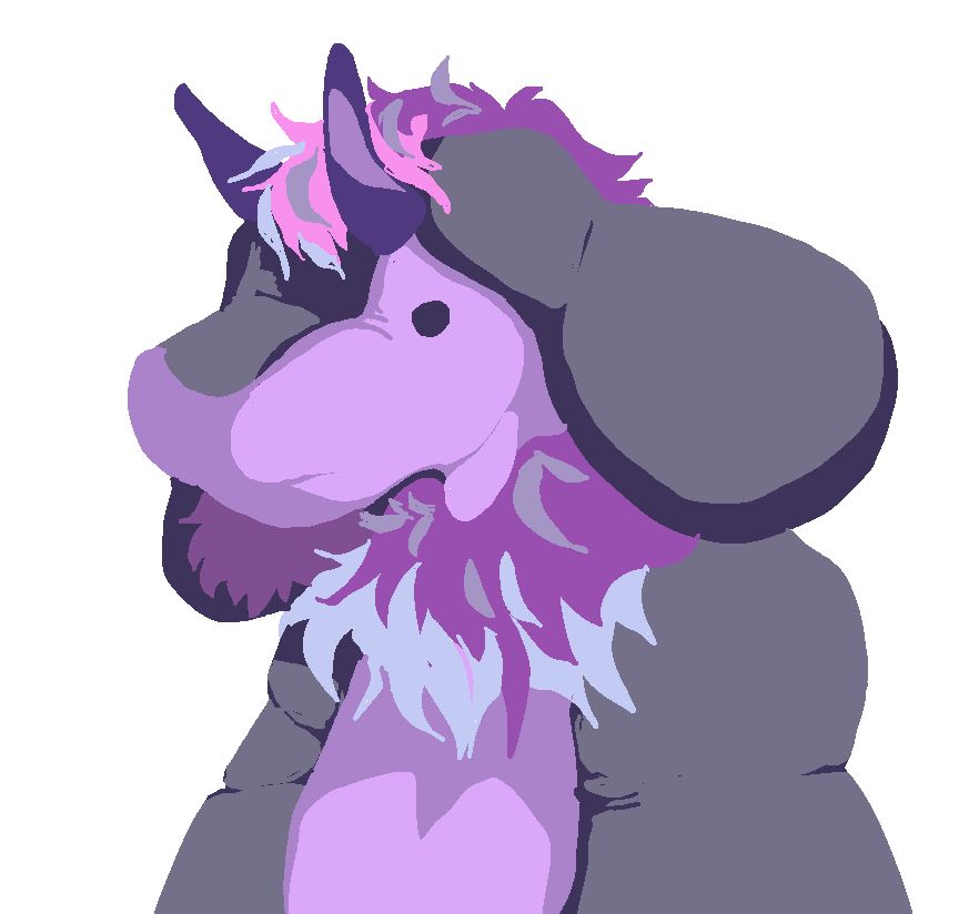 doodle of a beast somewhat between pooltoy and plush... Purple and grey, with blue horns, round build and a blank expression.
