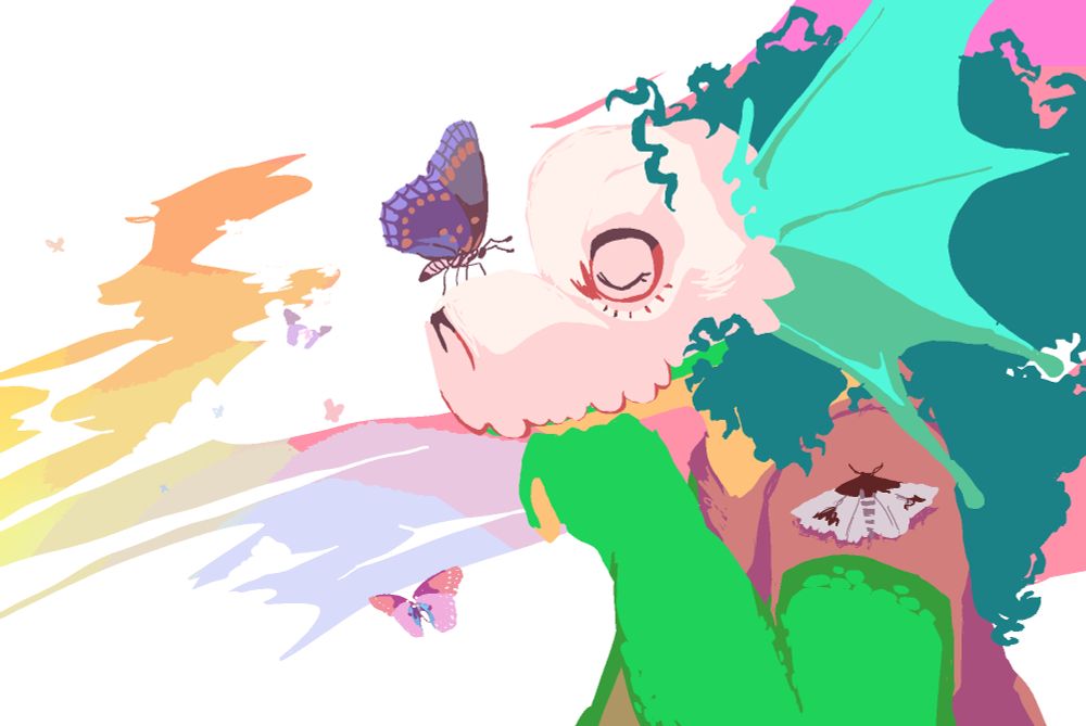 A skull faced fish lizard creature sits peacefully among bright clouds and butterflies. they have teal frizzy hair and a peach colored t-shirt