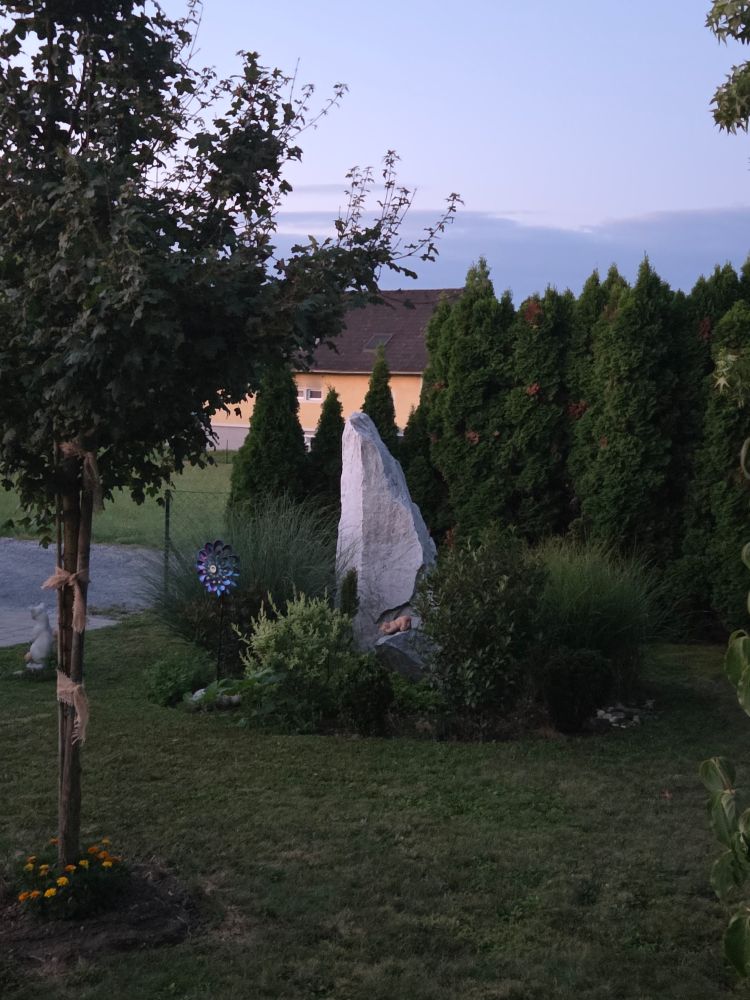 Die ersten Sonnenstrahlen beleuchten den Marmorstein im Steingarten. Über mir ist der Himmel wolkenlos aber am Horizont sind schon die ersten Wolken der Wetterumstellung zu sehen. 