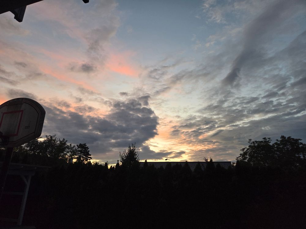 Die Sonne kommt gerade über den Horizont und strahlt die Wolken von unten an. Manche tiefe sehen noch dunkel aus aber die hohen strahlen rötlich. 