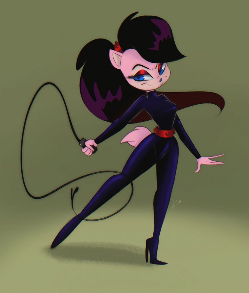 🖼️ A coloured version of evil pink Sally wielding a whip, while looking evil in leather.