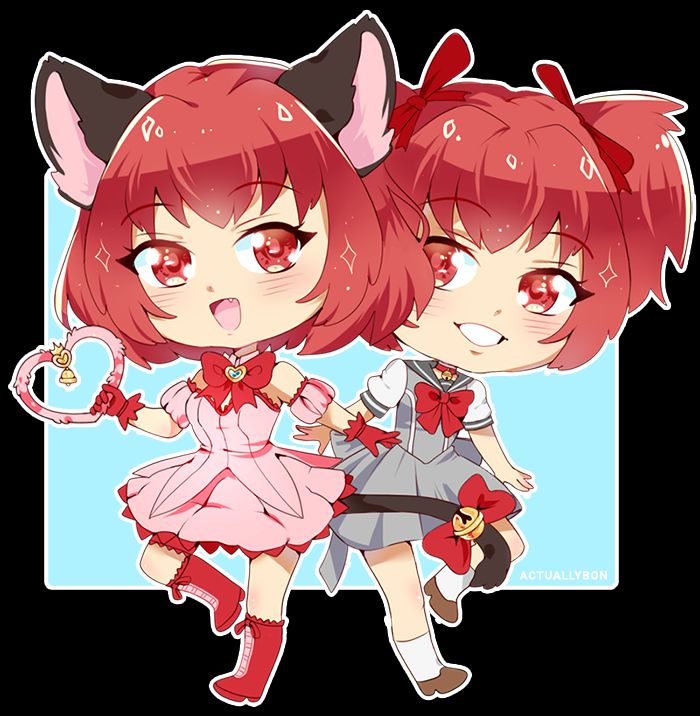 drawing of ichigo from tokyo mew mew in both her mew outfit and high school uniform in a sparkly chibi style