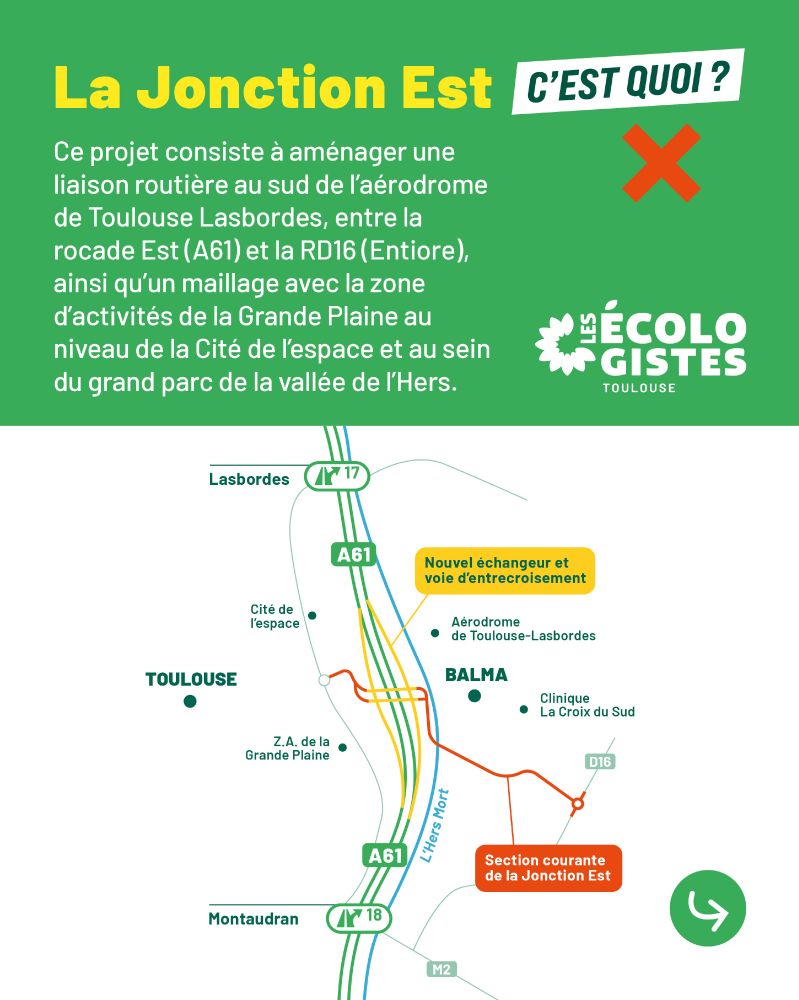 La Jonction Est 
Ce projet consiste à aménager une liaison routière au sud de I'aérodrome de Toulouse Lasbordes, entre la rocade Est (A61) et la RD16 (Entiore), ainsi qu'un maillage avec la zone d'activités de la Grande Plaine au niveau de la Cité de l'espace et au seindu grand parc de la vallée de I'Hers. 
Carte figurant le positionnement de la jonction Est