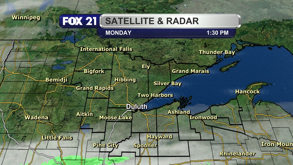 The satellite and radar over the Northland at 1:30 p.m. on November 24, 2025, shows mostly clear skies across the region with no precipitation in the area.  Some clouds are moving into the southern half of the region, with the thickest in Burnett, Sawyer, and Washburn counties.