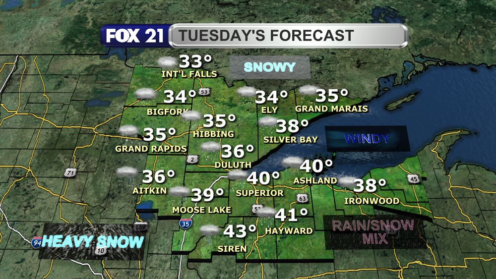 A storm system will bring a mix of rain and snow showers into the Northland Tuesday morning.  As temperatures cool from the 30s and low 40s for highs early in the day to below freezing, all precipitation will change over to snow shower by the evening.  Winds will also become strong with gusts over 30 mph likely off Lake Superior.