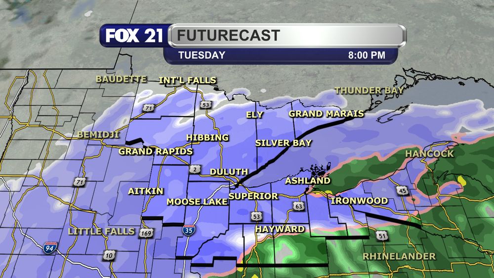 What will begin as a mix of rain and snow showers Tuesday morning across the Northland will change over to all snow by Tuesday evening as temperatures cool from the 30s to the 20s.  The worst of the winter conditions for the Northland will be Tuesday evening and overnight.  This is when winds will be strong coming off Lake Superior and snowfall rates will be at their highest intensity.  Some spots could see over 1" of snowfall per hour.