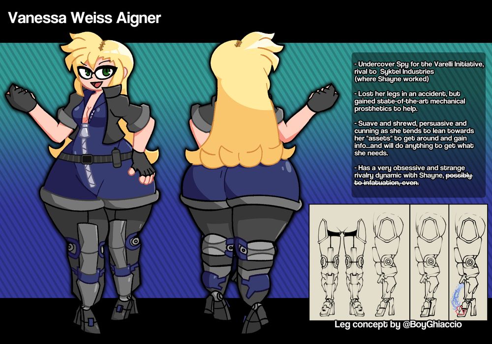 A front and back reference sheet of my pear-shaped spy gal with cool mechanical prosthetic legs, Vanessa Weiss Aigner - drawn by @cdrobo.bsky.social‬!