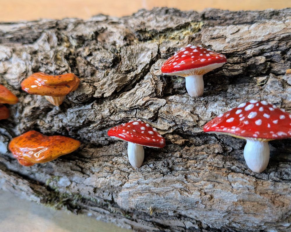 Kühlschrankmagnet-Pilze auf einem Baumstamm. 