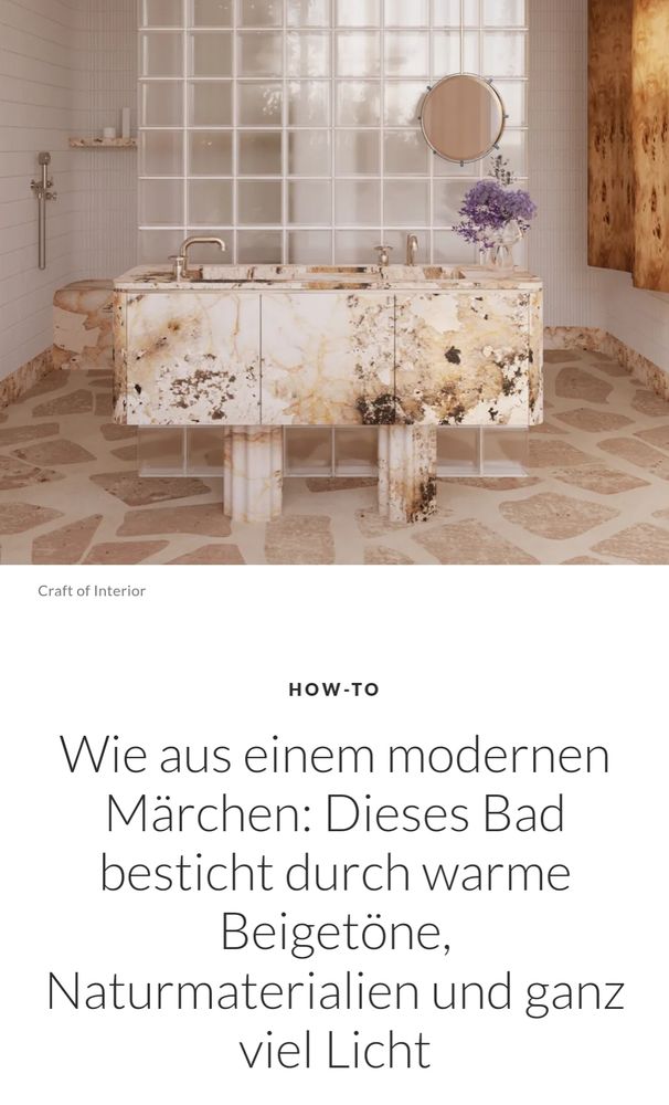 Bild eines in weiß und beige gehaltenen Badezimmers. Im Vordergrund ein rechteckiger Waschtisch in weiß (?), mit zahlreichen unterschiedlichen und durcheinander angeordneten braunen Flecken, die - Entschuldigung! - wie Kackespritzer aussehen.