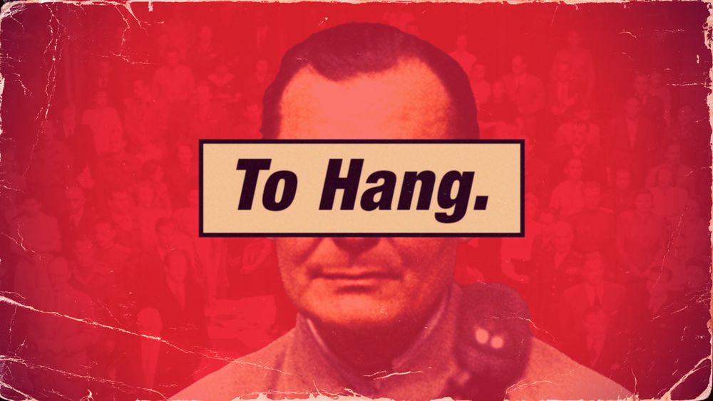 thumbnail of youtube video. Hermann Goring with "to hang" written over his eyes," red background