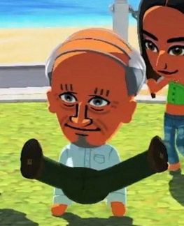 A Mii of an old man in the new Tomodachi Life performing the pussy attack