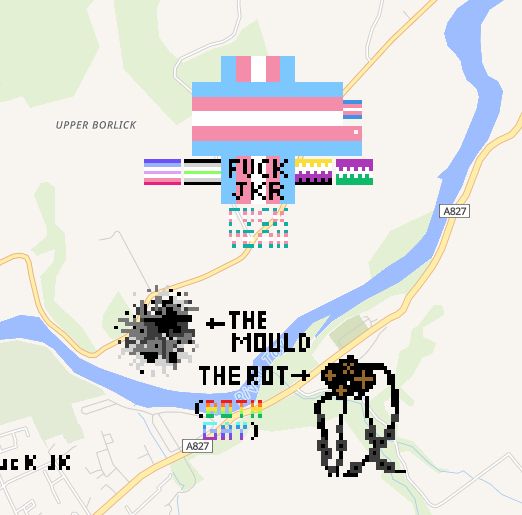 The location of JK Rowling's house covered up by trans and other pride flags. Below there's a drawing of mould and another of rot, with it saying in brackets (both gay)