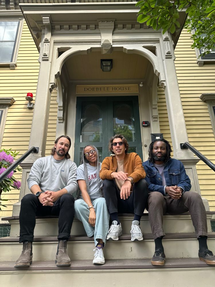 Matt Smith, Tosin, Pierre-Emmanuel Becherand, and Tunde Wey on the steps of Doebele House.