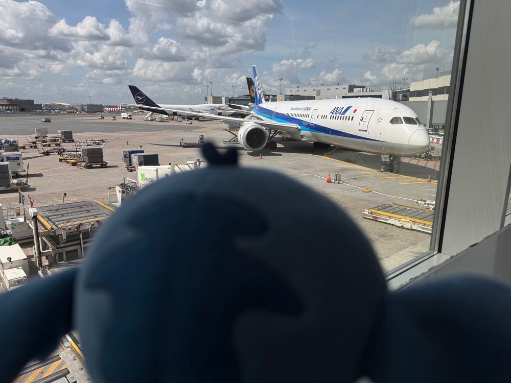 Ein kleines blaues Alien schaut aus dem Fenster auf ein Flugzeug der Fluglinie ANA