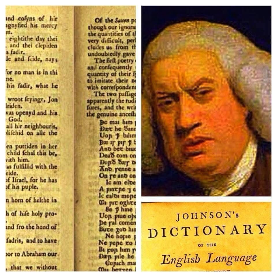 Dr Samuel Johnson with a page from from the dictionary he compiled