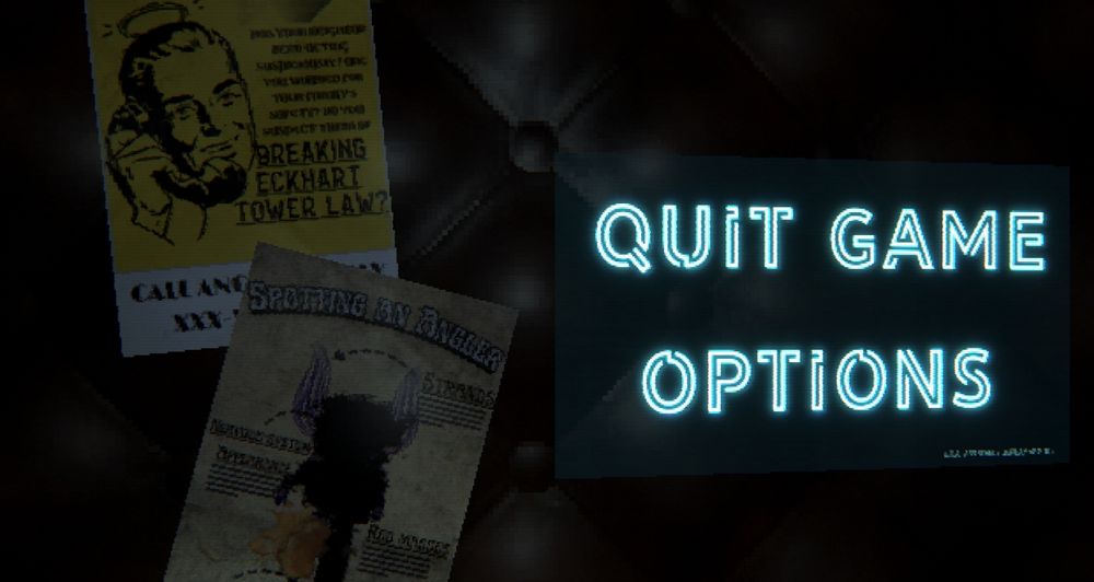 An image of my unity game, "A Porter Story". The picture depicts a couple of fictional in-game posters as well as the UI for the Options and Quit Game functions.