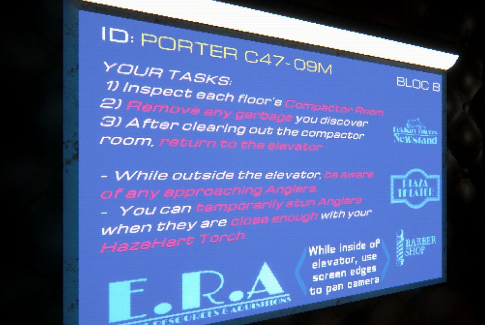 An image of my unity game, "A Porter Story". The picture depicts a screen with tutorial text on it as well as fictional advertisements.