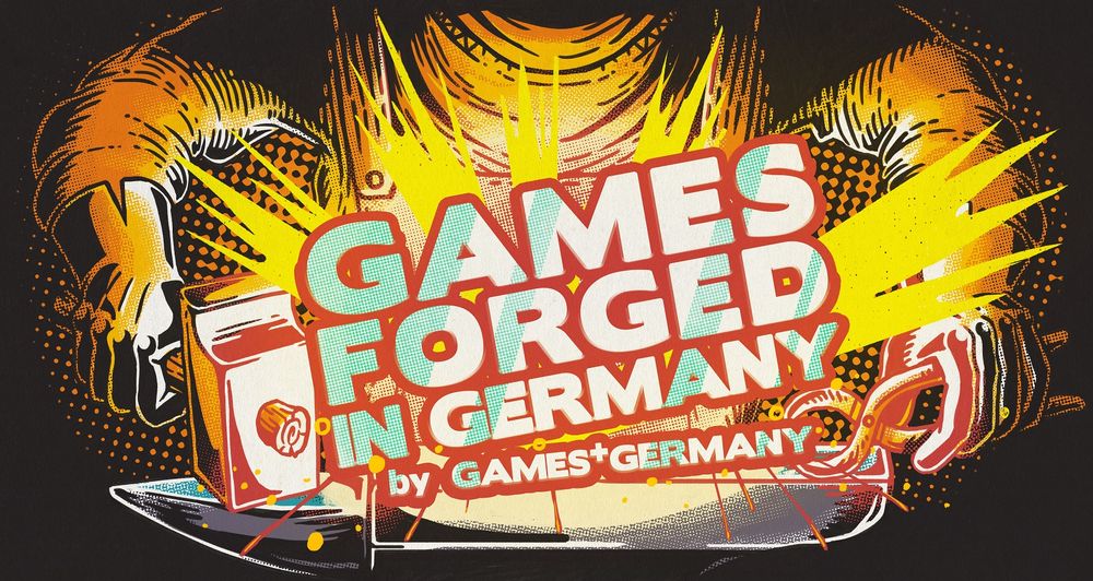 An illustration of a smith and an amboss, with the text "games forged in germany"