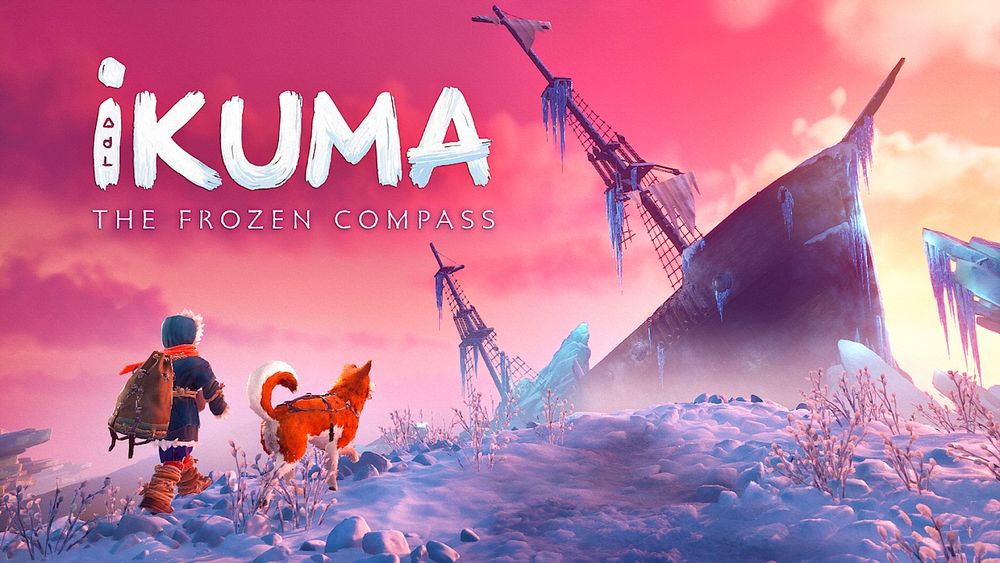 “Atmospheric artwork for IKUMA: The Frozen Compass. A young character in winter gear and their husky walk through icy snow toward a frozen, wrecked ship and wind turbines under a pink and purple sky.”