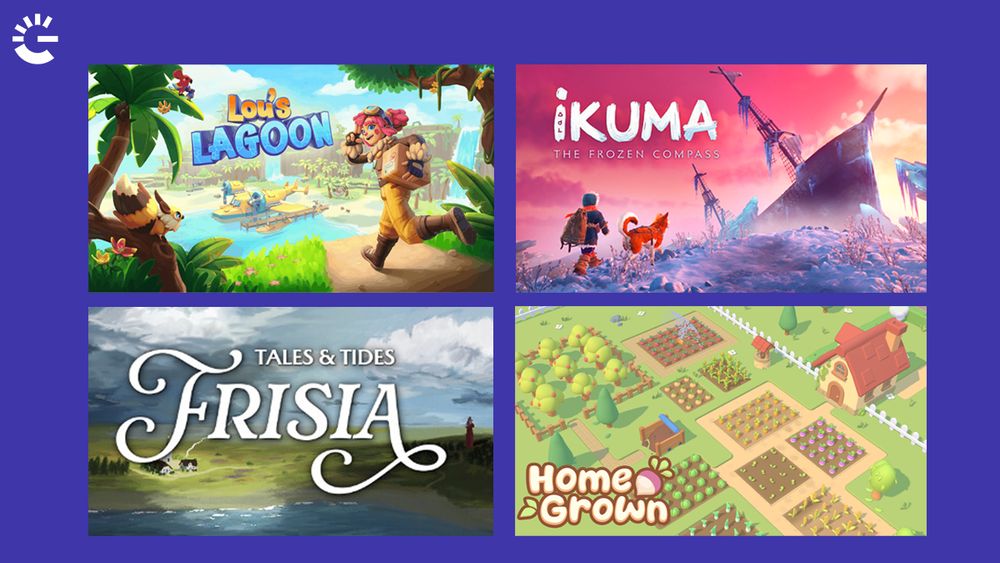 Key art for four games that Gamecity Hamburg will feature at Gamescom and the Indie Arena Booth in 2025. The titles are: "Lou's Lagoon," showing a cartoon woman running through a tropical environment; "Ikuma The Frozen Compass," showing a child and a dog walking through a frozen landscape with a wrecked ship; "Tales & Tides: Frisia,"depicts a coastal scene with stylized text overlay; and "Home Grown," which depicts a top-down view of a colorful farm.