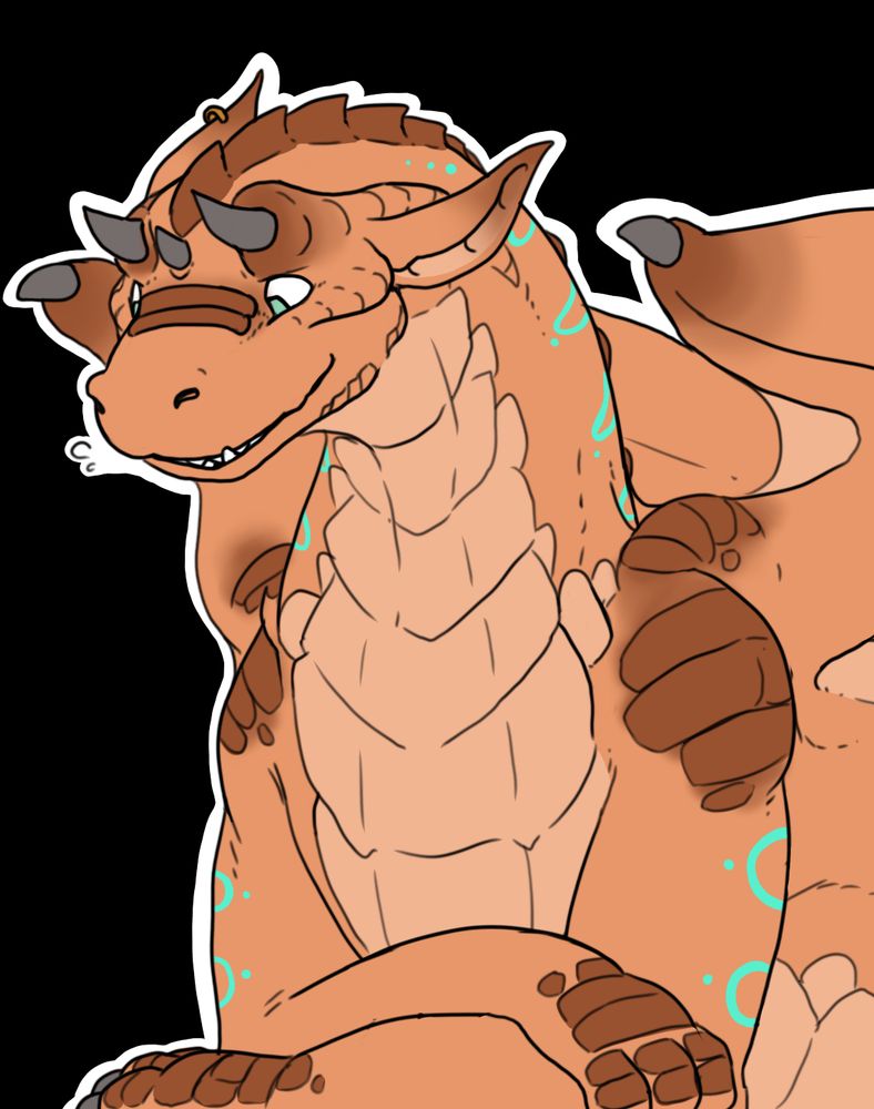 A Dragon with three horns and orange scales, a slight grin on its face.