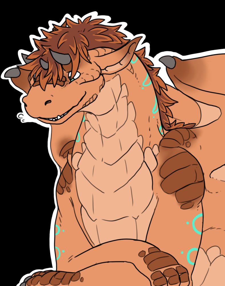 A dragon with three horns, a messy mane, and orange scales with a slight grin on its face