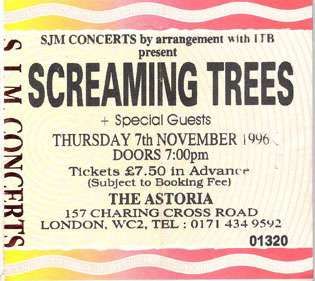 screaming trees ticket, astoria, london, 7th novemember 1996