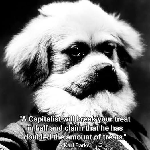 A seated fuzzy white dog wears a 19th century man's coat. A caption says, 