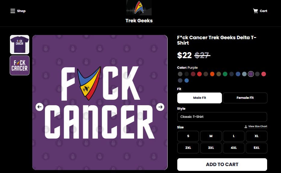Screenshot of our F Cancer shirt on sale now in the Trek Geeks Shop until July 4.