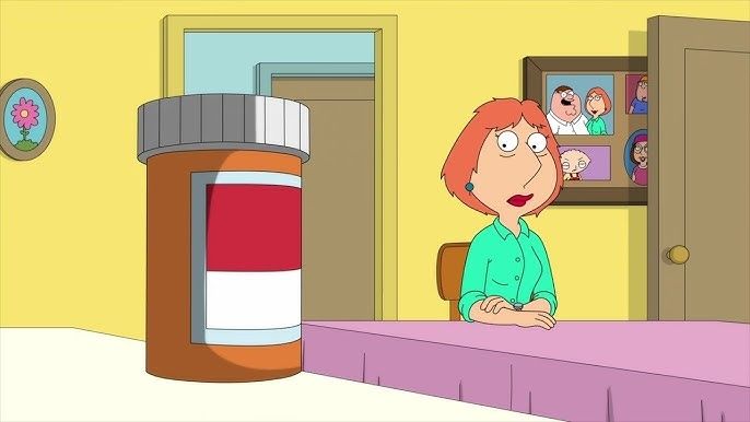 Lois Griffin looking at a pill bottle clearly wanting it but restraining herself 