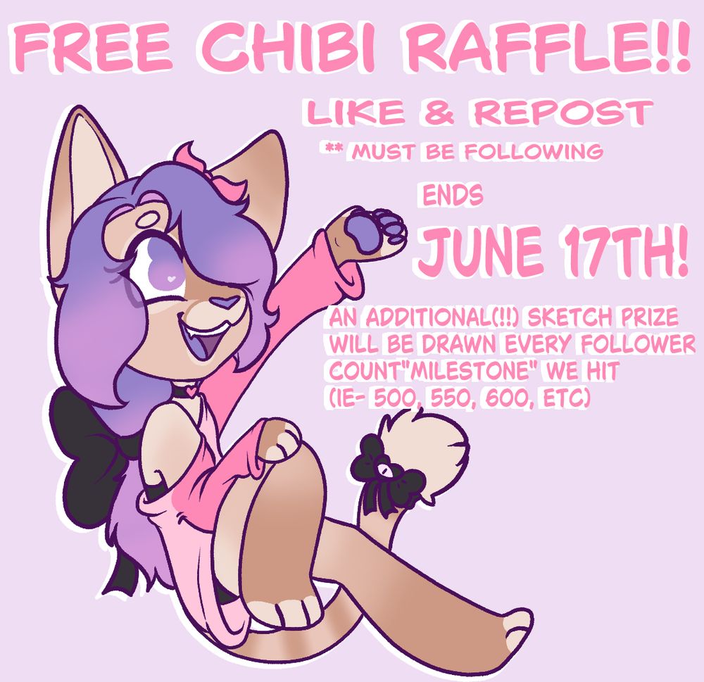 Fidget Chibi floating in a purple background with text reading 
"Free chibi raffle, like and repost **must be following.  Ends June 17th! an additional(!!) sketch prize will be drawn every follower count "milestone" we hit (ie- 500, 550, 600, etc)"