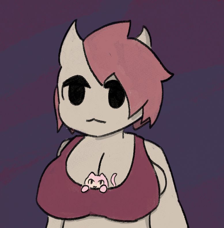 alien cat creature with a smaller catgirl creature hanging out in her bra.