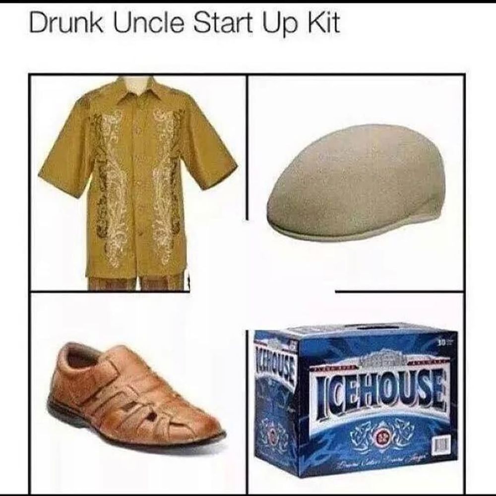 Meme says drunk uncle start kid and shows a beige silk shirt, newsboy hat, sandles, and pack of ice house beer.