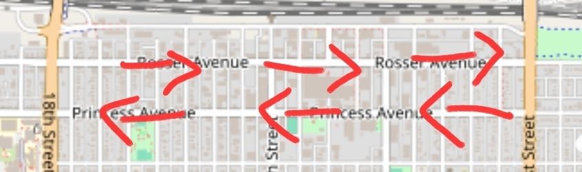 A map of two streets, Princess Avenue, running one way to the west, and Rosser Avenue, running one way to the east, next to each other and between two north-south streets, 18th Street (to the west) and 1st Street (to the east).