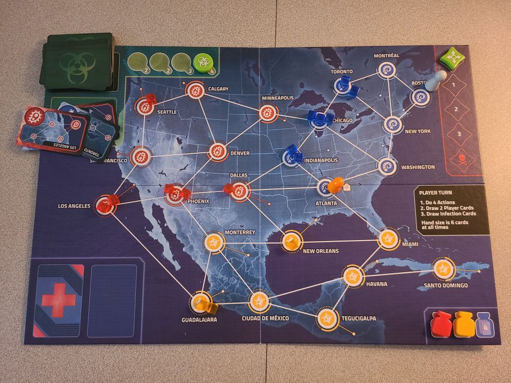 The board for a finished game of Pandemic: Hot Zone - North America.