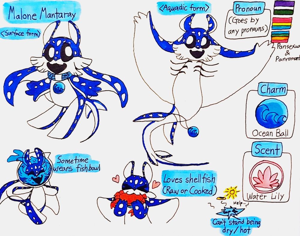 Name: Malone Mantaray

Pronouns: Goes by any pronouns

Orientation: Panromantic & Pansexual

Info: Has surface form (with legs & lungs) and aquadic form (with fins & gills), Sometimes wears a fishbowl, loves shellfish (raw or cooked), can't stand being dry and/or hot

Scent: Water Lily

Charm: Ocean Ball