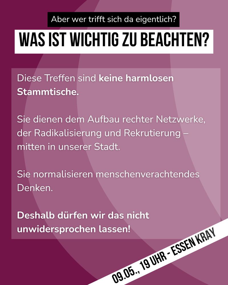 Diese Treffen sind keine harmlosen Stammtische.
Sie dienen dem Aufbau rechter Netzwerke, der Radikalisierung und Rekrutierung – mitten in unserer Stadt.
Sie normalisieren menschenverachtendes Denken.
Deshalb dürfen wir das nicht unwidersprochen lassen!