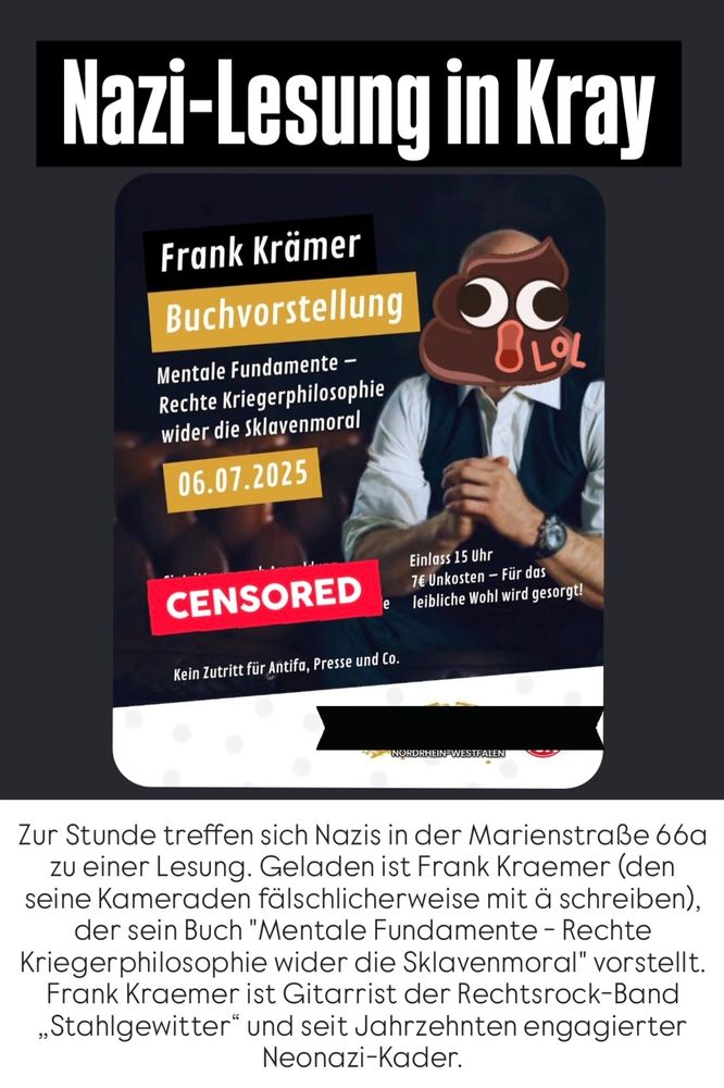 Zur Stunde treffen sich Nazis in der Marienstraße 66a. Geladen ist Frank Kraemer (den seine Kameraden mit ä schreiben),
der sein Buch vorstellt. Kraemer ist Gitarrist der Rechtsrock-Band ,Stahlgewitter" und seit Jahrzehnten engagierter Neonazi-Kader.
https://www.belltower.news/rechte-youtube-landschaft-rechtsextreme-influencerinnen-82747/