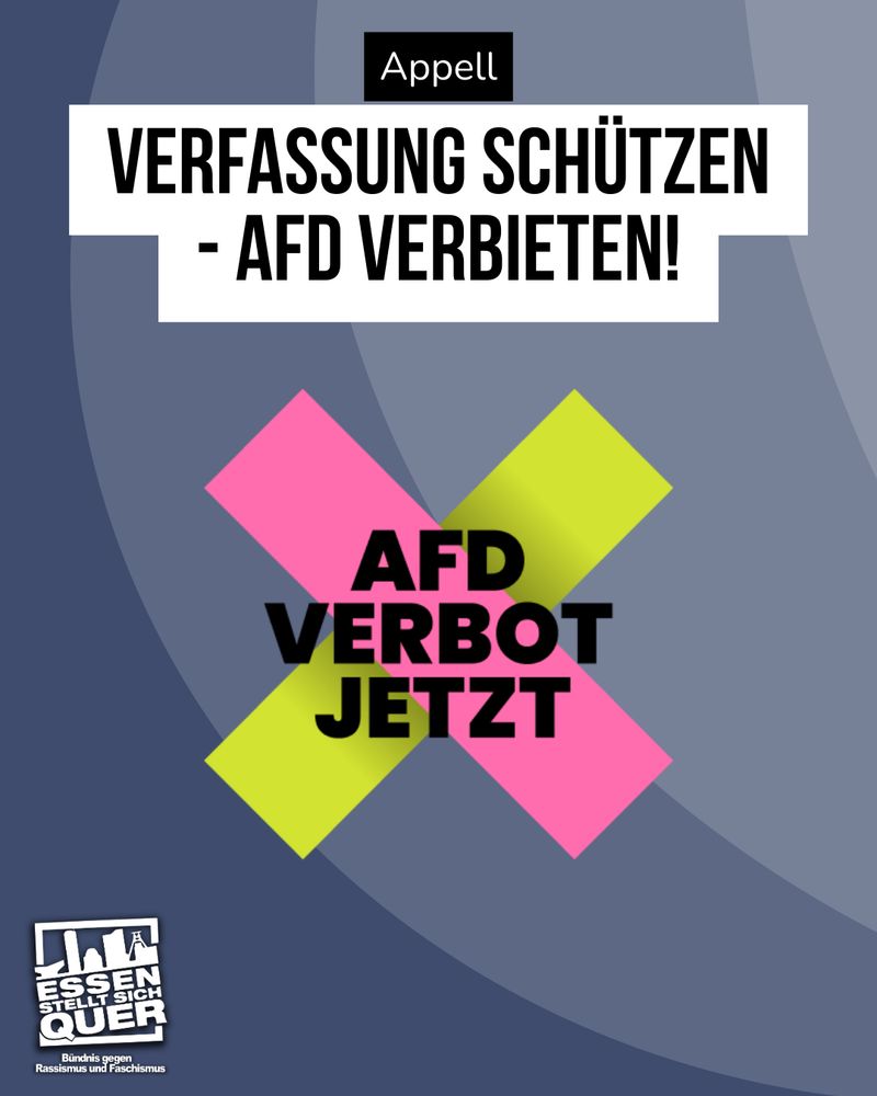 Das Logo von AfD Verbot jetzt in der Mitte des Bildes. Da drüber in weiß auf schwarz "Appell", direkt darunter schwarz auf weiß "Verfassung schützen - AfD verbieten!"
