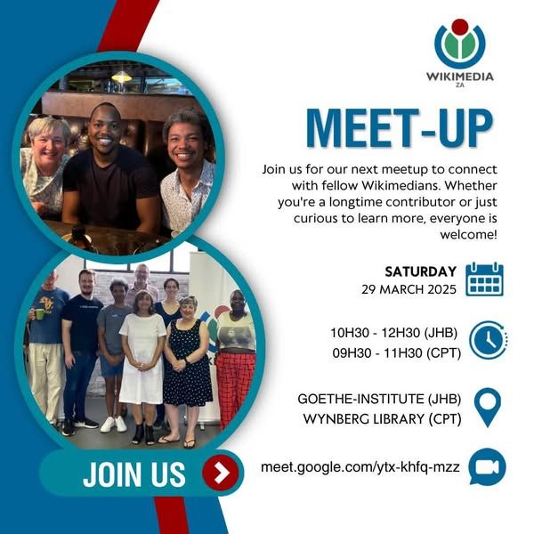 Ad for a meet up for Wikimedia South Africa happening 29 March 2025 in Cape Town and Johannesburg (and online as well)