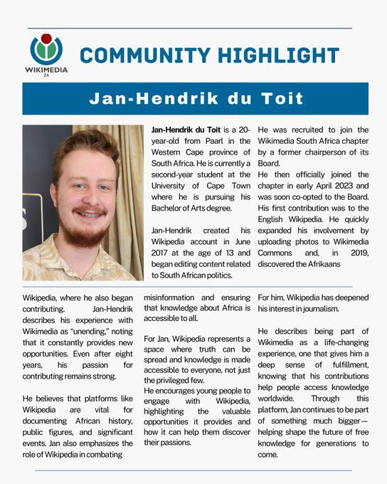 Wikimedia South Africa's monthly spotlight on a South African wikimedian, this time Jan-Hendrik Du Toit, who started editing at the age of 13.