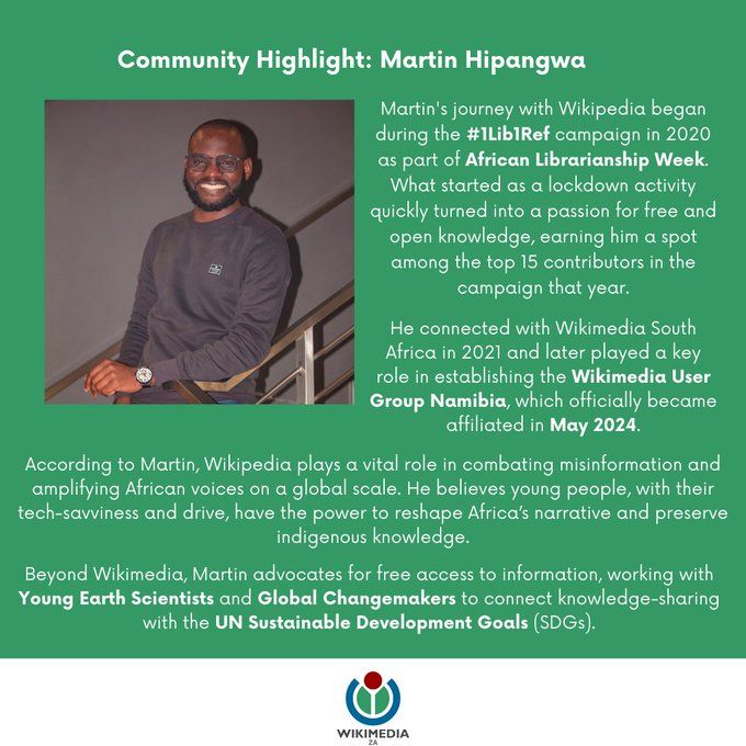 Another Wikimedia South Africa spotlight on Martin Hipangwa from the Wikimedia User Group Namibia and fellow librarian!
