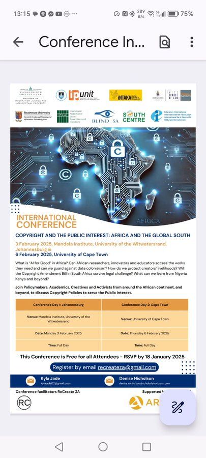 Conference alert:  Copyright and the Public Interest: Africa and the Global South.  Johannesburg 3 February 2025 and Cape Town 6 February 2025. Free Registration at recreateza at gmail dot com by 18 Jan 2025. 