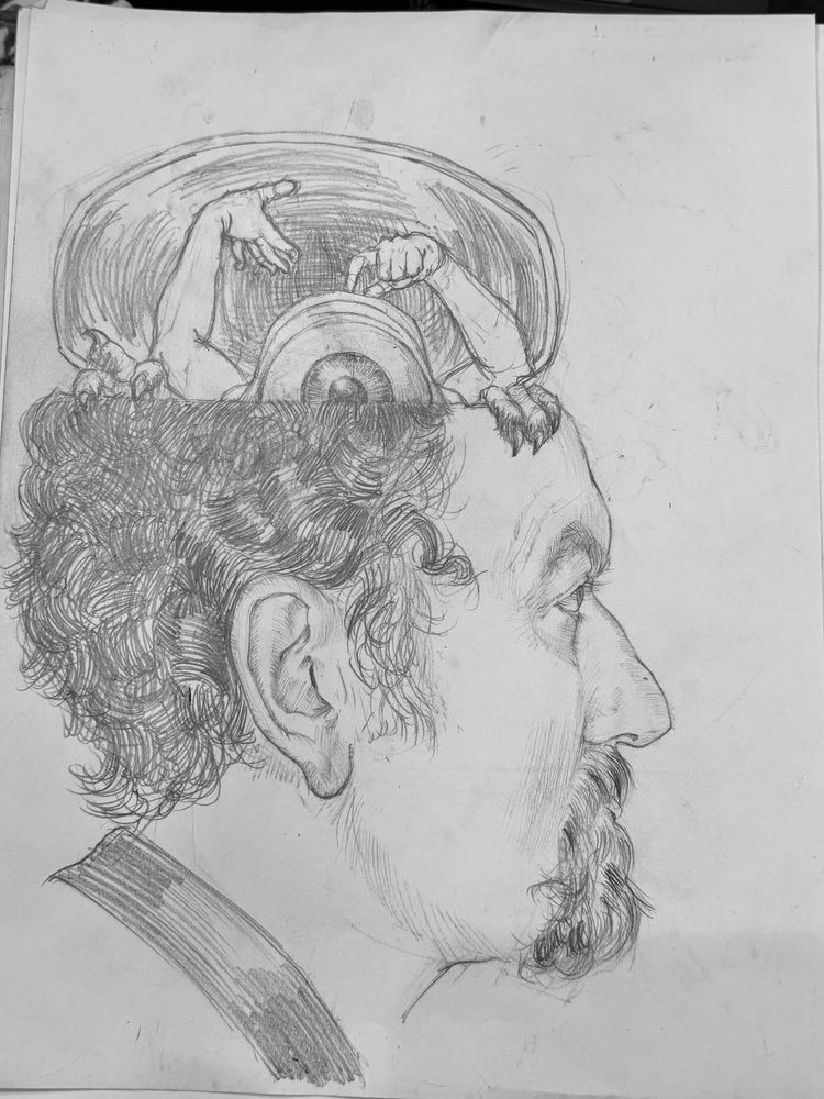 A pencil drawing of a head in profile with the top flipped open like a suitcase or other hinged lid. A giant eyeball creature is poking its head up while one of its humanoid arms holds the lid up and the other scratches the top of the eyeball head. Two pairs of hairy talons grasp the side of the opening. The person’s head has dark curly hair, a large nose, and a very hairy goatee. 